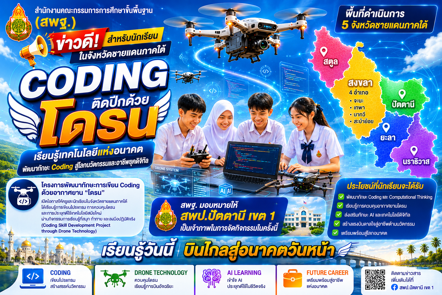 สพป.ปัตตานี เขต 1 ขับเคลื่อน Coding ติดปีกด้วยโดรน พัฒนาทักษะดิจิทัลนักเรียนสู่โลกอนาคต