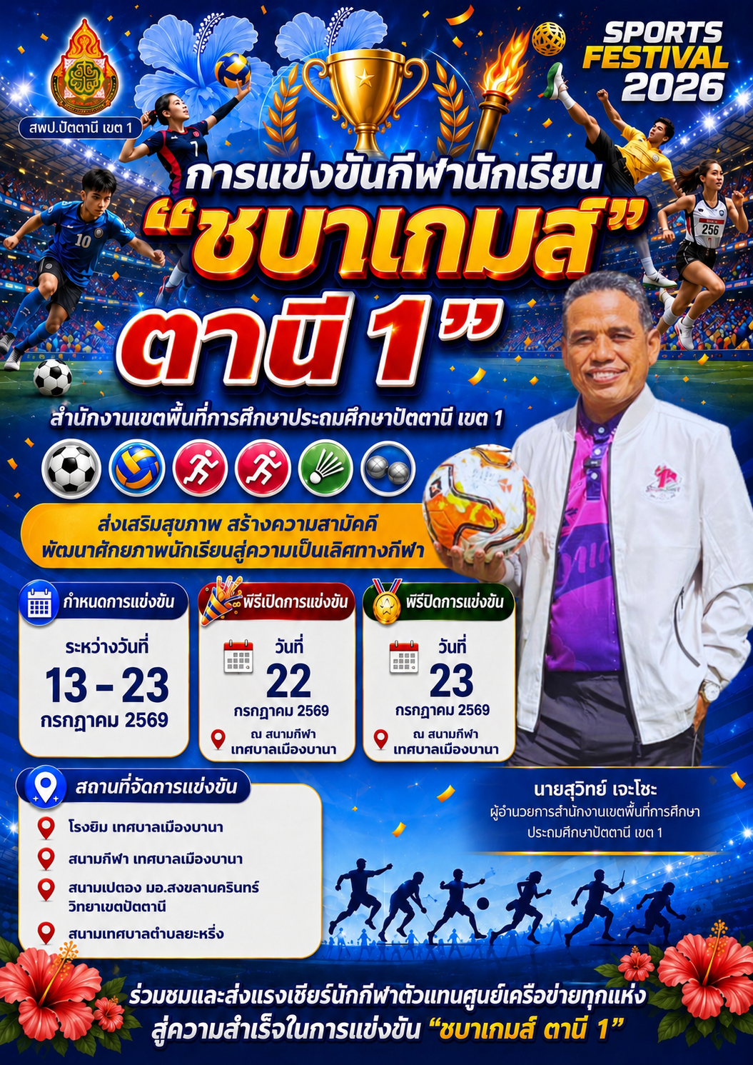 สำนักงานเขตพื้นที่การศึกษาประถมศึกษาปัตตานี เขต 1 ขอเชิญชวนผู้บริหาร คณะครู บุคลากรทางการศึกษา นักเรียน ผู้ปกครอง และพี่น้องประชาชนทุกท่าน ร่วมชม ร่วมเชียร์ และส่งกำลังใจให้กับนักกีฬาตัวแทนศูนย์เครือข่ายทุกแห่ง ในการแข่งขันกีฬานักเรียน “ชบาเกมส์ ตานี 1”